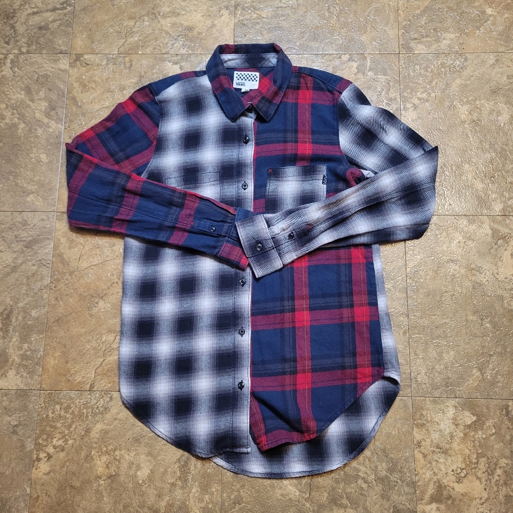 Vans Off The Wall Flannel Shirt Womens Small Gray Blue Button Up Plaid Grunge